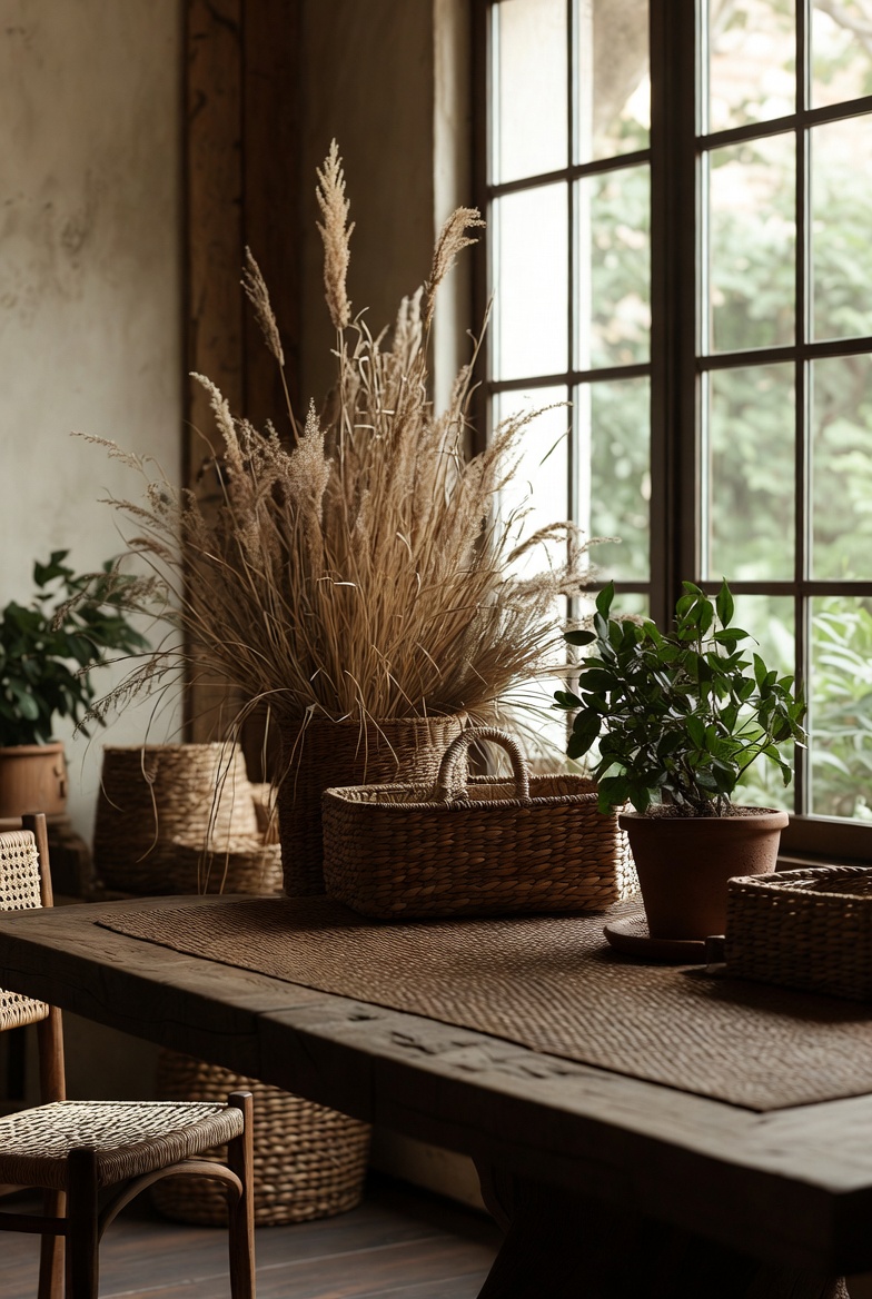 Elegant interior decor arrangement with natural textures