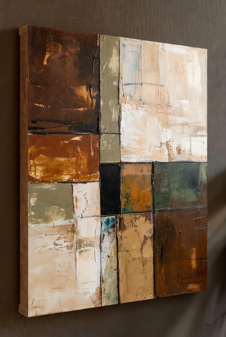 Abstract canvas art with earthy tones and geometric patterns